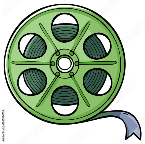 Vintage film reel with green tape and looped film spool and grey film ribbon flowing