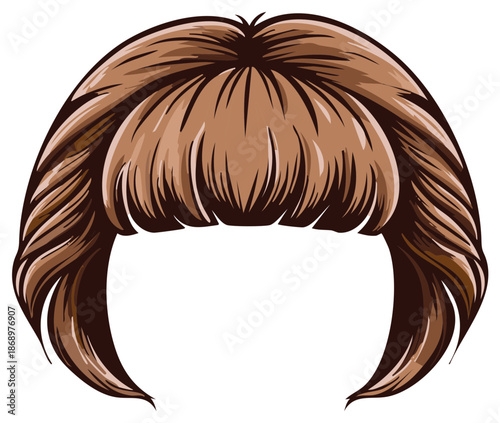 Cartoon illustration of a brown bob hairstyle with bangs on a white background