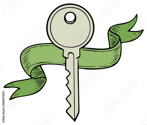 Key and Ribbon Illustration Decorative Graphic Element Isolated Symbol Access Concept