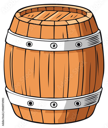Traditional Wooden Barrel with Metal Bands Rustic Vintage Storage Container Illustration