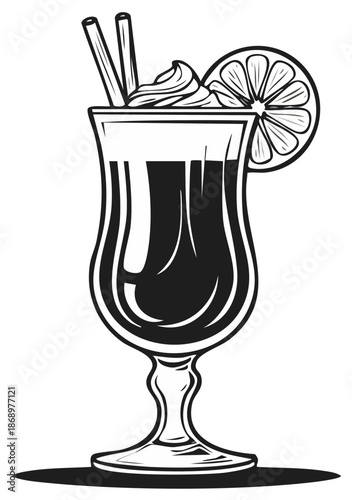 Vintage engraved cocktail drink illustration with whipped cream and lemon garnish in a tall glass