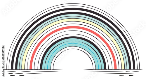 Stylized Abstract Rainbow Arch with Black Stripes and Color Bands