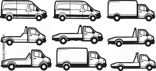 Various types of trucks and vans illustration set