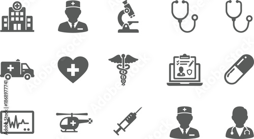 Comprehensive medical healthcare icon set featuring hospital doctor stethoscope ambulance microscope syringe and emergency rescue symbols for professional clinical,