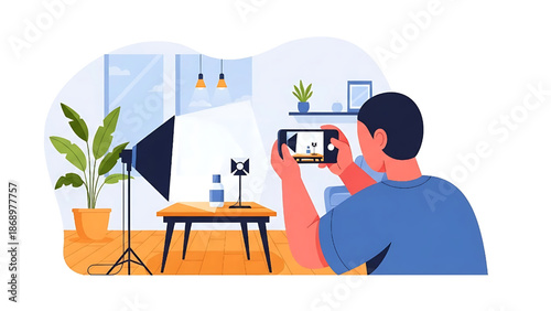 Digital content creator capturing high-quality product images with a smartphone and professional lighting in a home studio, ideal for e-commerce and social media