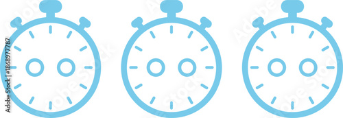 Set of three blue minimalist stopwatch icons for time management productivity tracking deadline measurement and athletic speed competition timing,