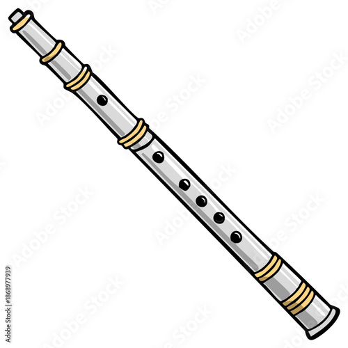 Stylized silver wind instrument flute with black finger holes and decorative gold accents