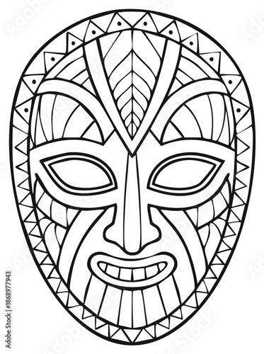Ornate Tribal Mask Design with Bold Geometric Patterns and a Wide Grinning Mouth