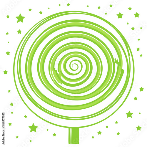 Green lollipop with spiral design and star accents.