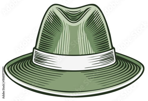 Green fedora hat illustration with engraved texture and white ribbon for fashion accessory or vintage style design