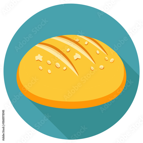 Illustration of a loaf of bread with topping inside a blue circle.