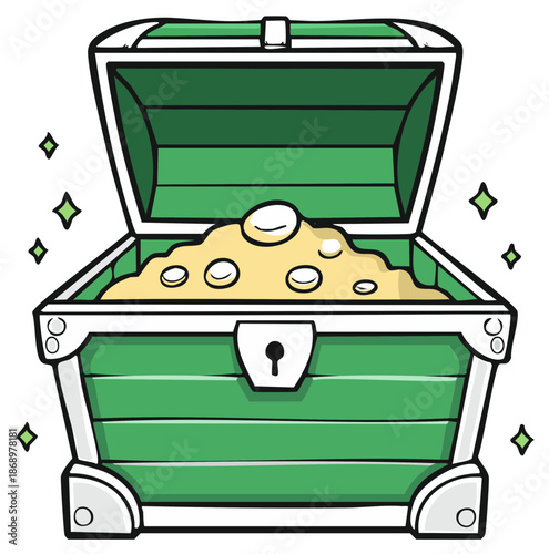 An open green cartoon treasure chest full of shiny gold coins and sparkling riches