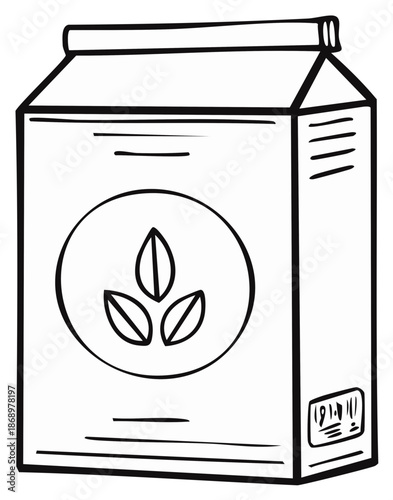 Hand-drawn illustration of milk carton packaging with three leaf symbol, outline style.