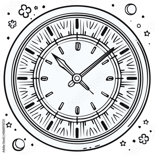 Artistic illustration of a round analog clock face with radiating lines and decorative celestial elements