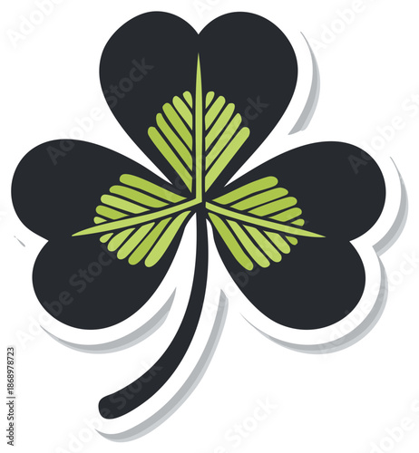 Stylized Dark Shamrock Sticker with Green Veins and Decorative Outline Illustration