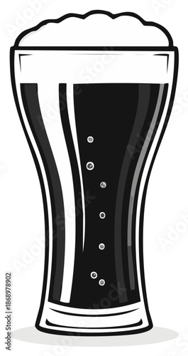 Cartoon Glass of Dark Beer with Bubbles and Frothy Head