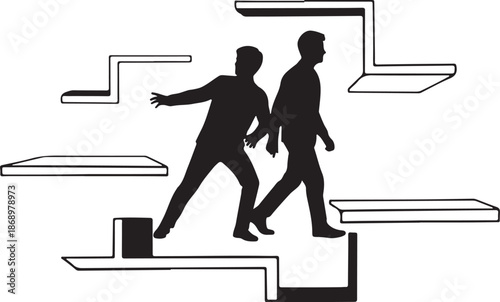 Silhouette of two men navigating confusing staircases together