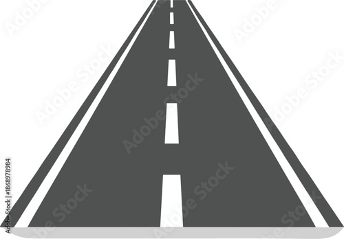 Perspective view of a straight asphalt road with white dashed lines vanishing into the distance for travel concepts,