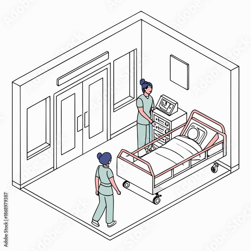 Professional Hospital Ward Scene Flat Vector Illustration