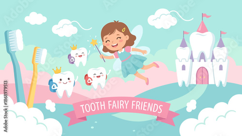 A smiling girl with tooth fairy friends flying above a castle.