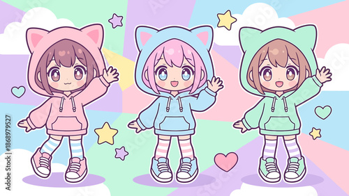 Three cartoon girls wearing hooded sweatshirts with cat ears.