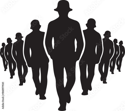 Silhouette of men walking in a group formation