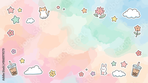 Whimsical pastel background with cute animals and boba tea.