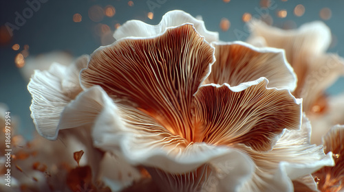 Close-up of a cluster of gilled mushrooms with detailed textures.