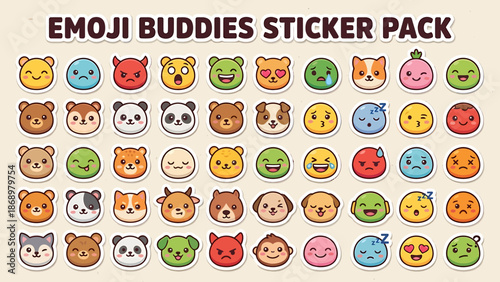Colorful Cartoon Animal Faces Sticker Pack with Various Expressions.