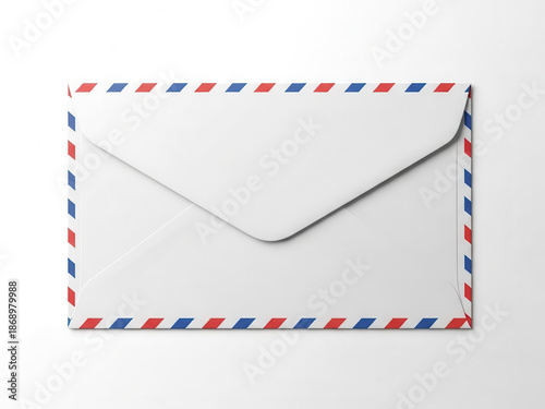 A white envelope with red and blue striped borders isolated on white