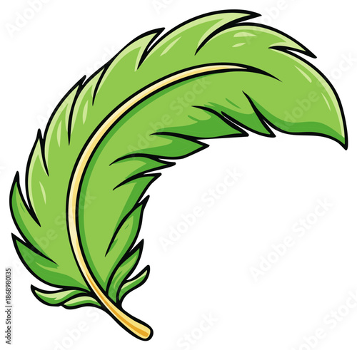 A single vibrant green feather with distinct contour lines for artistic design elements and creative projects