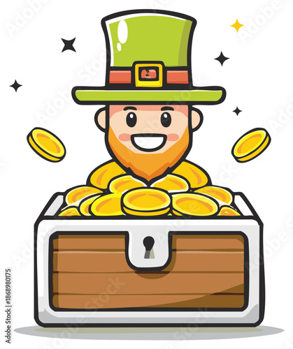 Leprechaun Cartoon Character Guarding a Wooden Treasure Chest Full of Gold Coins with a Happy Expression