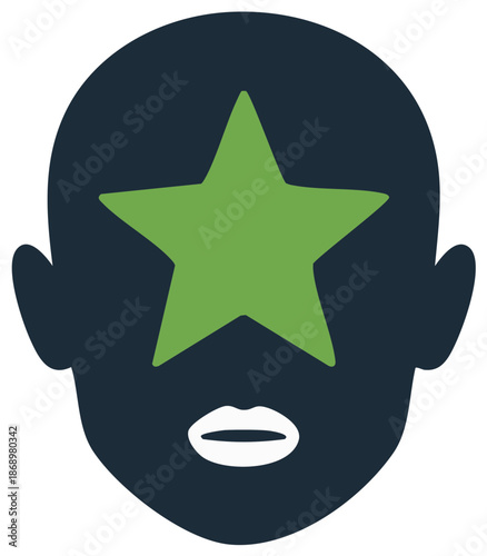Stylized Dark Face with Green Star Graphic Representing Celebrity and Ambition