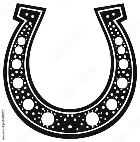 Classic horseshoe symbol featuring a pattern of dots and star elements in black and white