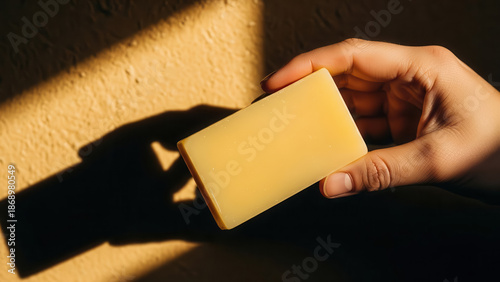 A hand gently holds a square yellow soap bar in soft lighting