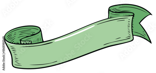 Green hand-drawn ribbon banner with swirling ends and textured shading