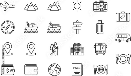 Travel and tourism line icons set featuring airplane mountains camera compass cargo ship luggage passport and hotel for vacation,