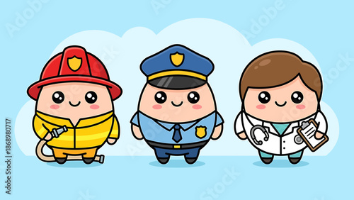 Cartoon characters of firefighter, police officer, and doctor.