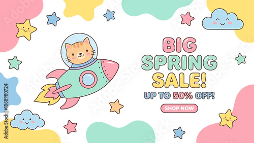 Cartoon cat in a rocket ship advertising a spring sale.