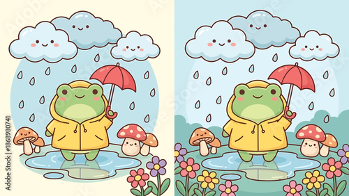 Cartoon frog in raincoat standing in a puddle with umbrella surrounded by mushrooms and flowers.