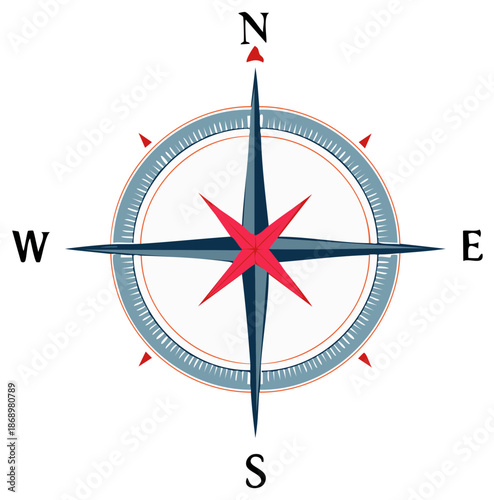 Stylized Compass Rose Illustration with Cardinal Directions on a White Background, navigational tool