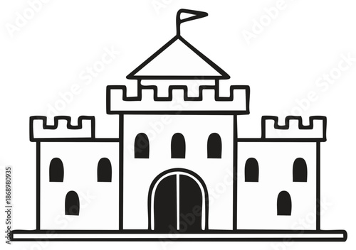 Simple black and white line drawing of a fairytale castle icon with towers battlements and flag
