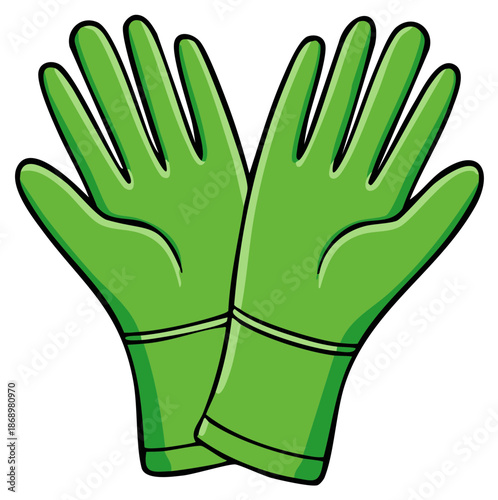 Cartoon illustration of a pair of bright green rubber gloves for cleaning or protection.