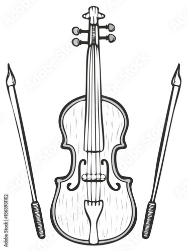 Detailed illustration of a violin with two bows on a white background
