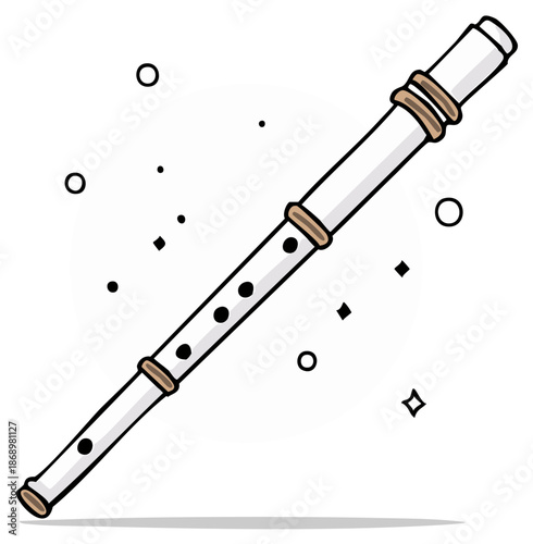 Simple white recorder with brown rings and black holes for music education or illustration