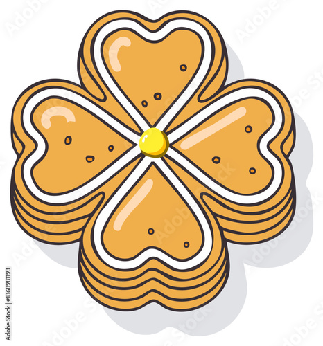 Four Leaf Clover Shaped Cookie with White Icing and Yellow Center Decoration
