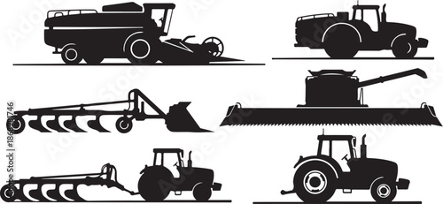 Agricultural machinery silhouettes for farming and harvest
