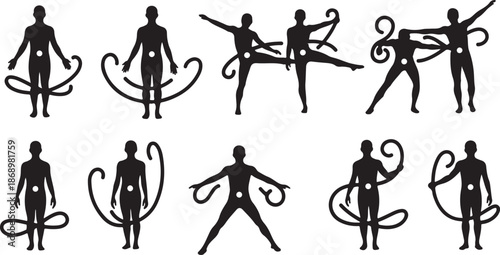 Silhouette of dancers in various poses with ribbons