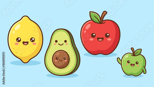 Cartoon fruits with smiling faces on a blue background.