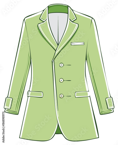 Fashionable double breasted light green suit jacket with peaked lapels and flap pockets a classic silhouette illustration